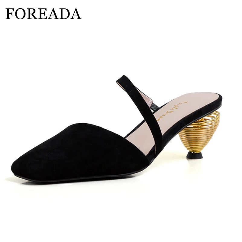 FOREADA/женские мюли Обувь из натуральной кожи на высоком каблуке Странный стиль