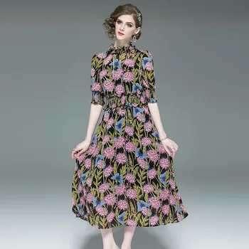 

Hot Selling 2020 Women Summer High Fashion Short Sleeve Elastic Waist Printing Floor Dress Female Elegant American Style Dresses
