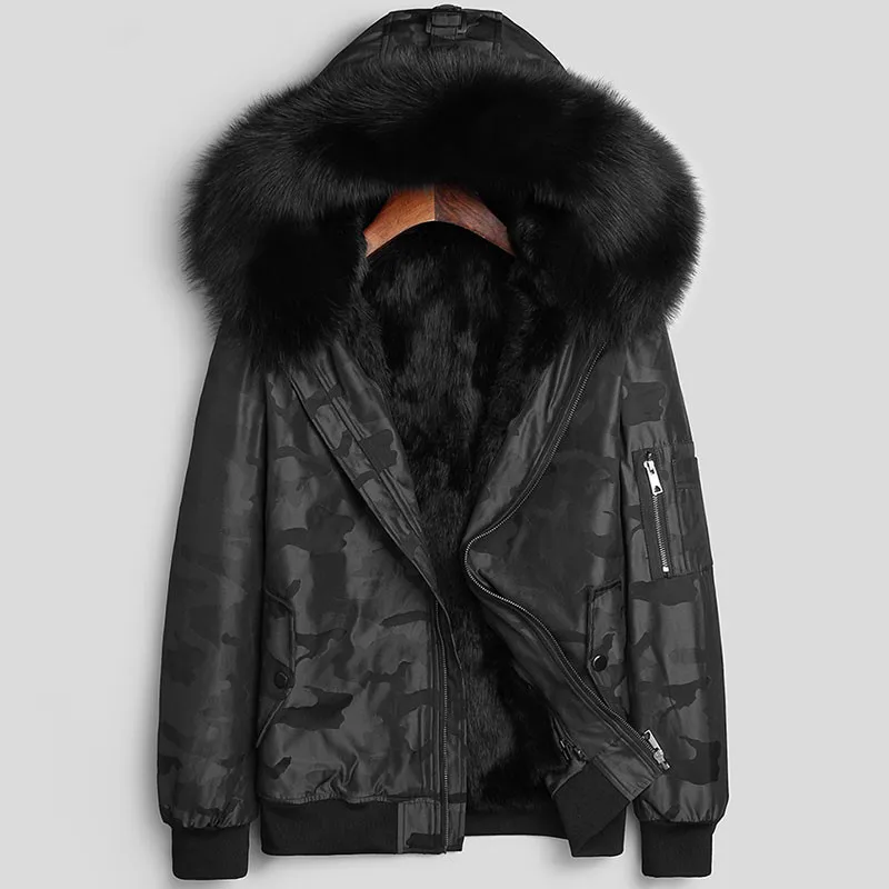 black print Пальто с натуральным мехом, зимняя куртка, Мужская подкладка из натурального кроличьего меха, парка, Мужская одежда, натуральный Лисий мех, воротник, повседневные короткие куртки, LSY1280 - Цвет: black print