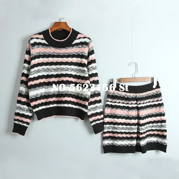 

Tencel Knit Womens Outfits Round Neck Striped Long-sleeved Pullover Tops Shorts 2 Piece Set Women's Clothing High-quality