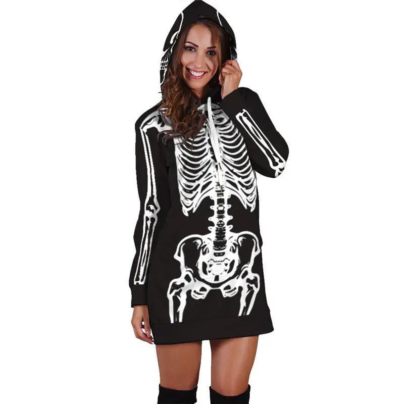 

Skeleton Printed Pullover Hoodies Long Sweatshirt Dress Autumn Spring Long Sleeve 3D Hooded Dresses Women Tops Outerwear