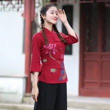 Женская Популярная рубашка с принтом, древняя рубашка, китайские традиционные топы, Qipao Cheongsam, стильная рубашка, блузка, хлопковый льняной Топ