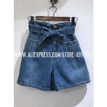 

2020 summer denim shorts women casual fashion high waist pocket blue jeans women shorts High waist A-line shorts with belt pants