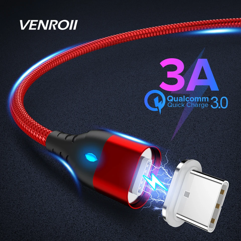 

Venroii 3A Magnetic Cable Micro USB Type C Fast Charging Type-C Magnet Phone Charger USB C for Samsung Huawei P20 Xiaomi Oneplus