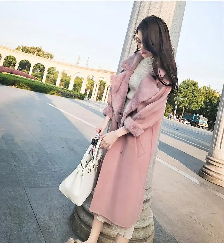 Осенне-зимние пальто женские элегантные розовые пальто корейский стиль женские длинные однобортные пальто - Цвет: Розовый