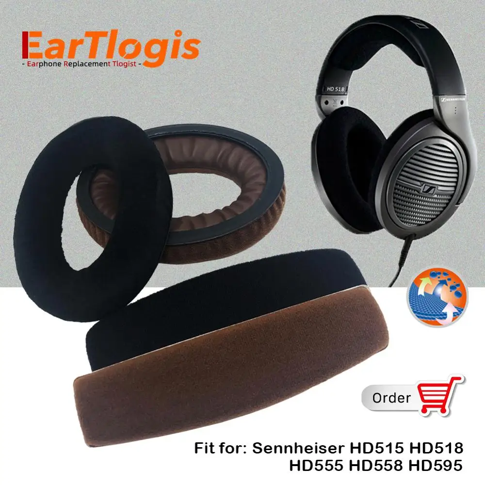 EarTlogis Velvet Replacement Parts for Sennheiser HD515 HD518 HD555 HD595 HD558 EarPads Bumper Headband Earmuff Cover Cushion