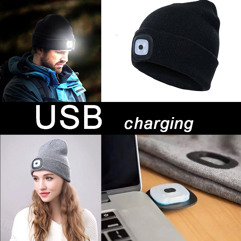 Mens Women Beanie Hat Led Light Usb 
