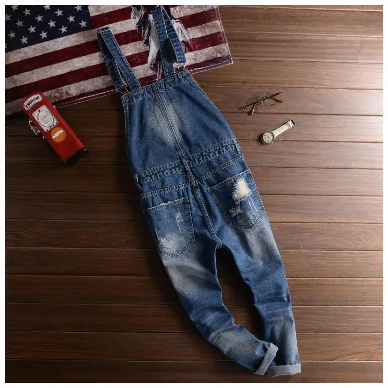 Blue Hole Overalls Men Denim Jumpsuit Ripped Tattered Jeans Bib Ankle Length Hip Hop Big Pocket Korean Cargo Pants Trousers