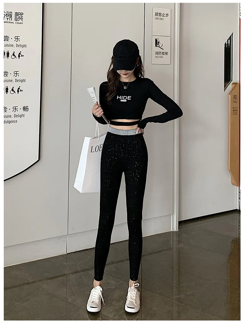 ribbed leggings BIVIGAOS 2020 New Korean Bright Silk Cotton Leggings Women High Waist Chic Sequin Bling Thread Elastic Slim Leggings Pencil Pant lululemon leggings