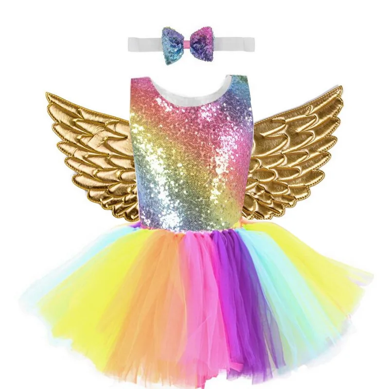 Kids Rainbow Unicorn Sequins Tutu Dress for Girls Backless Sleeveless Fancy Party Dress Children Birthday Theme Party Costumes