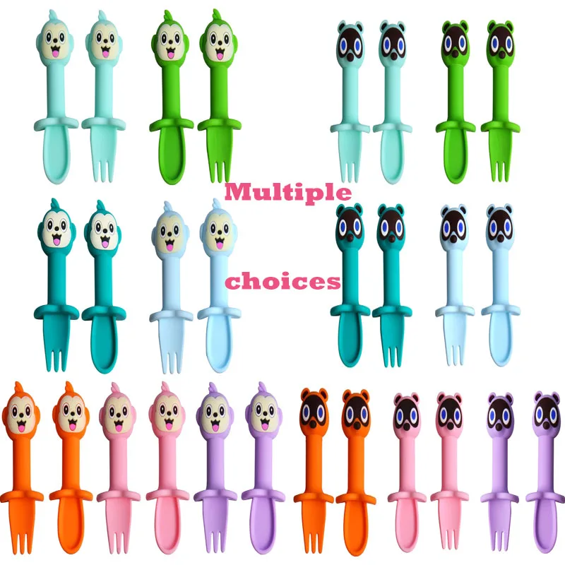 

2Pcs/Set Detachable Baby Spoon Fork Set Cartoon Silicone Teether Toys Anti-slip Feeding Training Utensils Learning Tableware