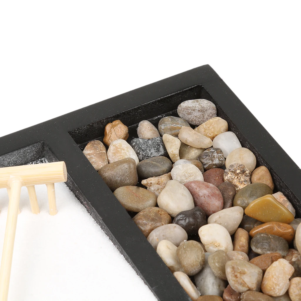 Zen Garden Sand Tray Stone Wooden Rake Sands Home Room Fengshui Ornament