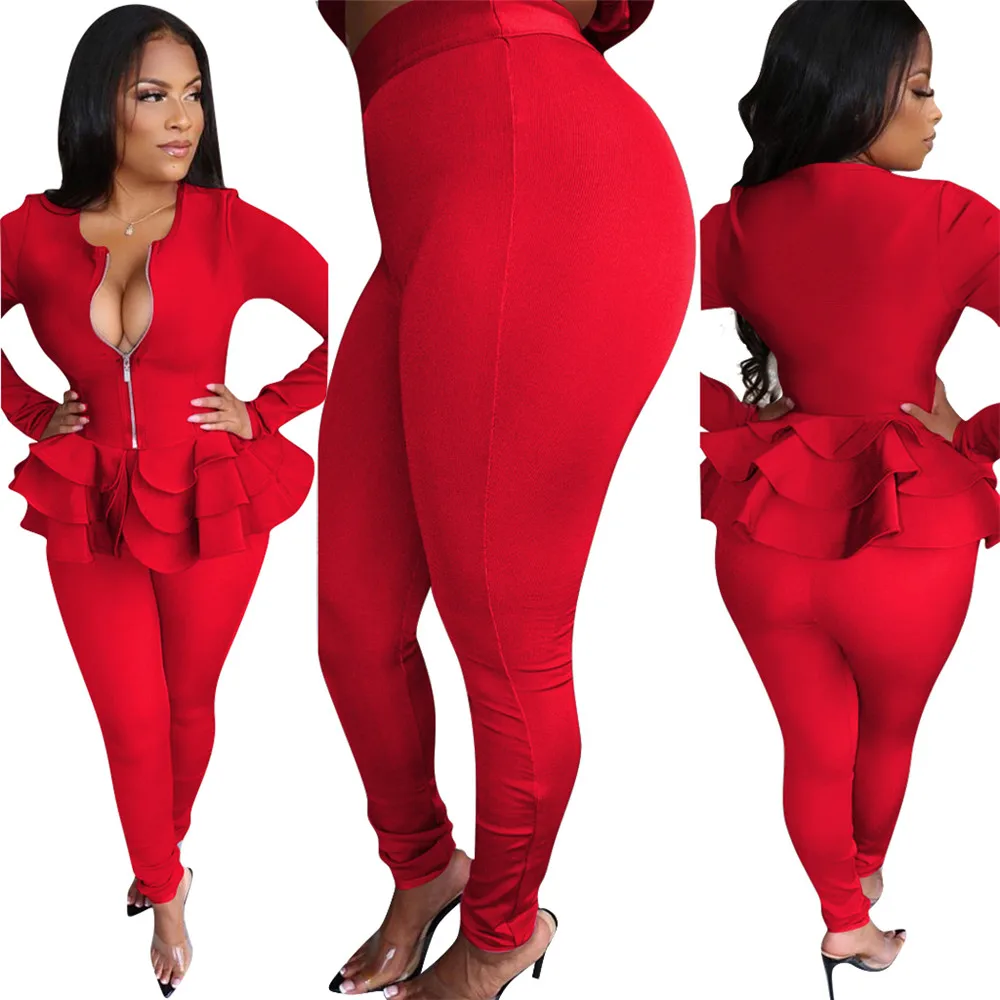 Tsuretobe осенний облегающий Женский комплект 2 шт. с длинным рукавом жакет с оборками и брюки костюмы Зимние Повседневные каскадные наряды тонкие женские