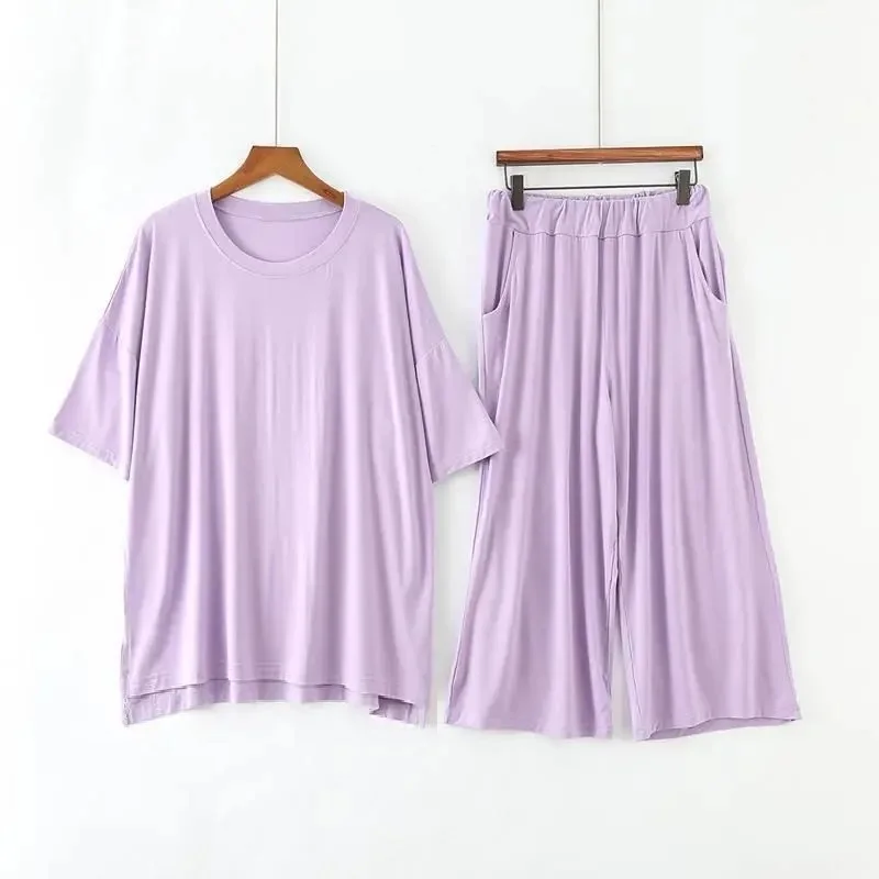 Women Pajamas Set Women Pajama Suit Plus Size 7XL 150KG Women Modal Pajamas Sets Spring Summer Short Sleeve Top and Calf-Length Pants Women Soft Sleepwear Suit