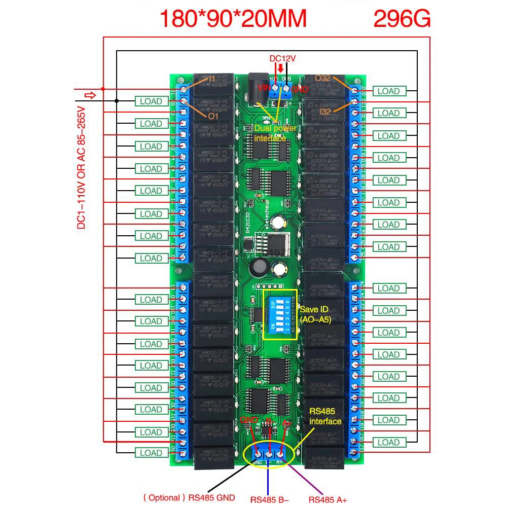 Релейная плата Taidacent RS485 8/16/32 каналов 12 В реле управления последовательным портом