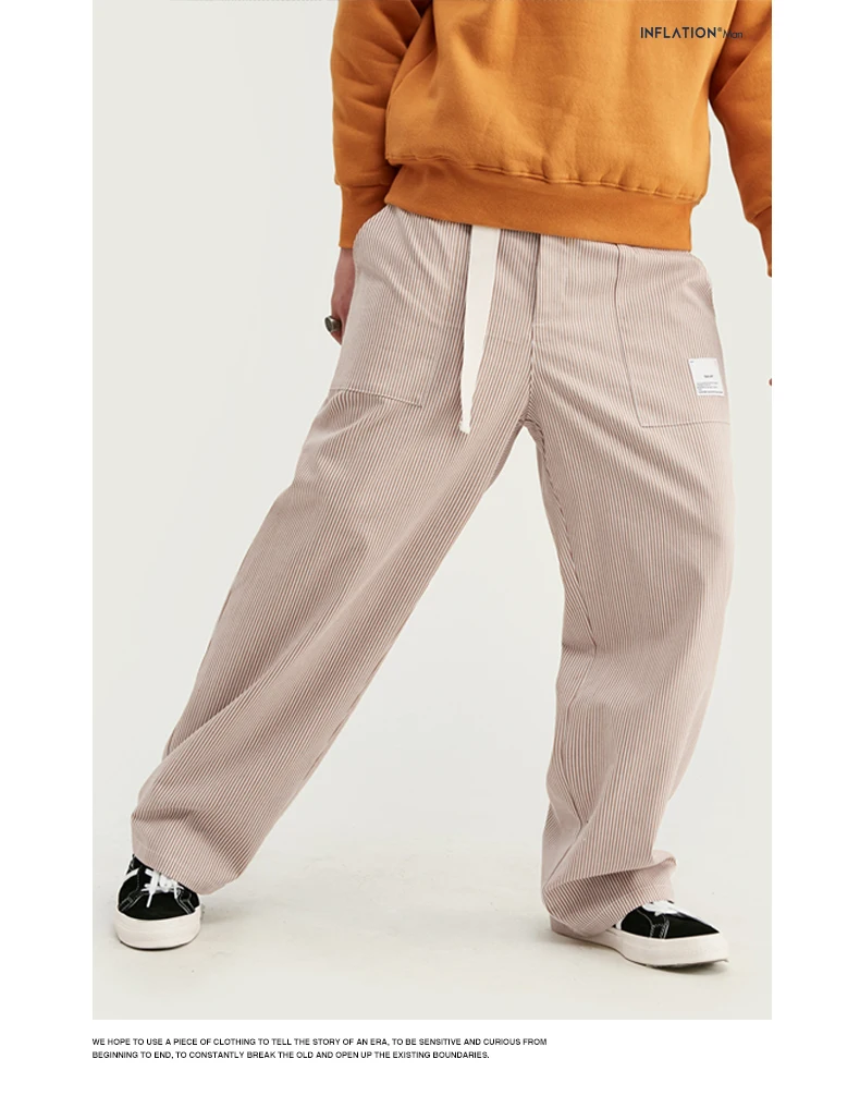 INFLATION Men Casual Pants Winter Streetwear Old Fashion Stripe Pants Straight Elastic Waist Casual Stripe Men Pants 93421W