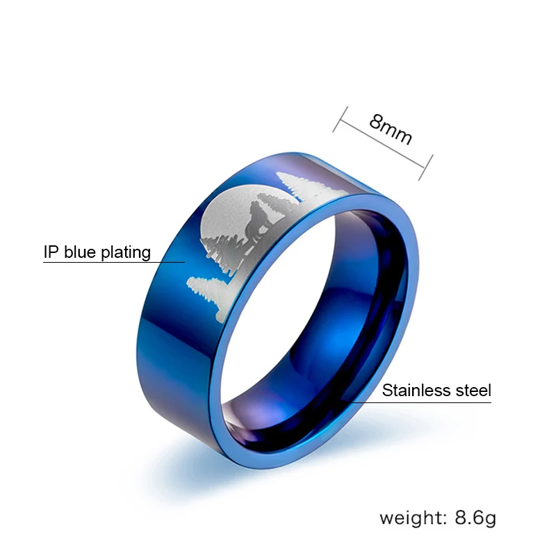 Модные мужские ювелирные изделия 8 мм кольцо с волком в лунном свете окрашенное