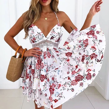 

Bohemian beach dress women backless sling summer party mini dresses new fashion hollow A-line holiday women sexy dress DR1849