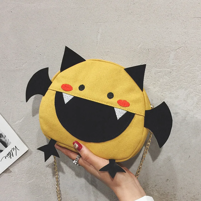 

Canvas Bag Women's 2019 New Style Cartoon Funny Bag with Chain Embroidered Little Devil Shoulder Oblique Bag WOMEN'S Bag