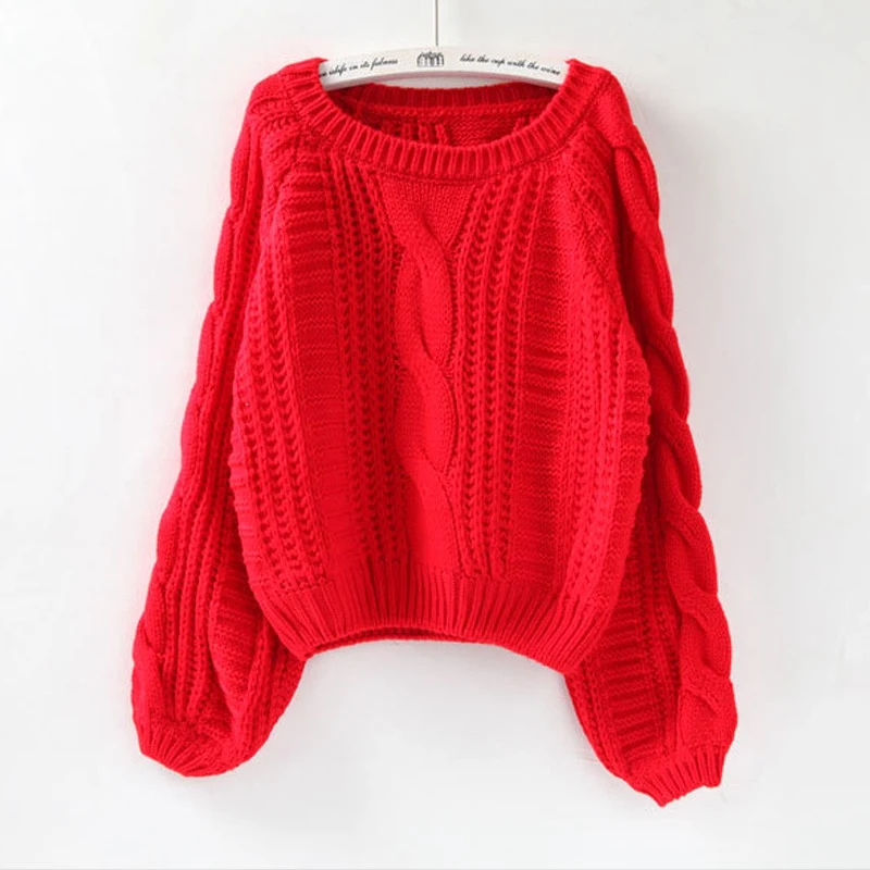 Red Женские пуловеры Джемперы Harajuku Femininas Roupas короткий рукав фонаря свитер витой пуловер желтый/красный/розовый AFC185 - Цвет: Red