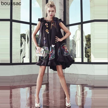 

HIGH QUALITY 2020 Summer fashion Runway party Dresses Women's butterfly sleeve Floral Embroidery Black Mini Dress Ladies Clothes