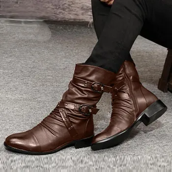 

shoes woman new fashion boots Womens Western Flats Low-heeled Cross Strap Buckle Zipper Round Toe Knight Boots