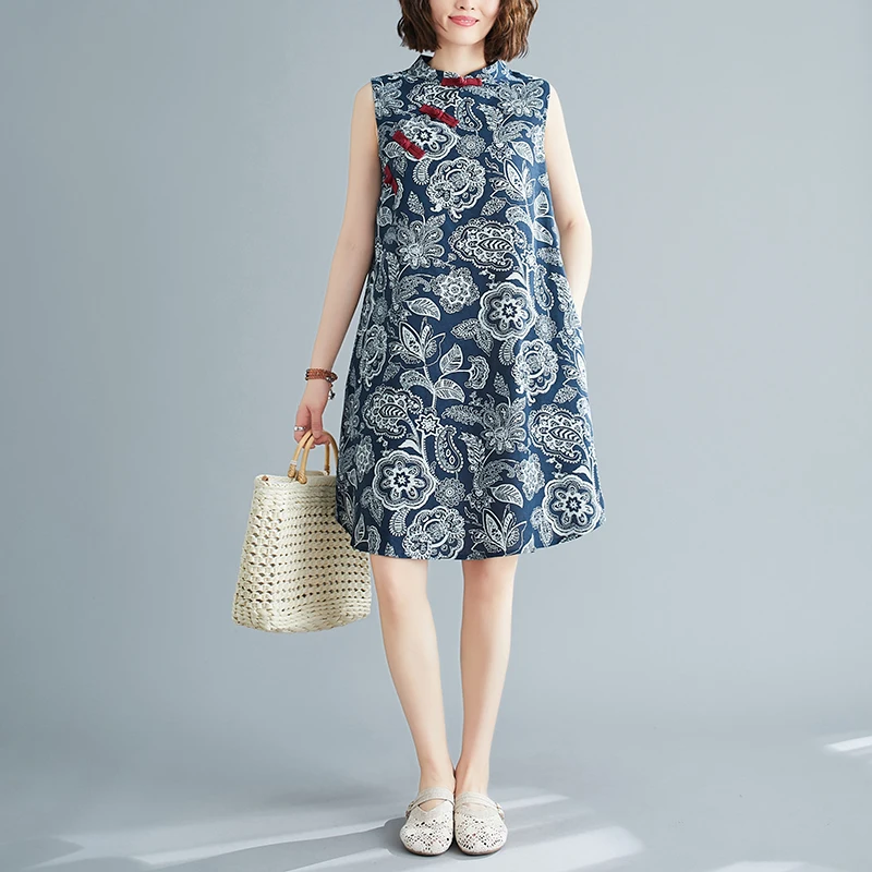 COIGARSAM Women Dress Summer Cheongsam Vintage Sleeveless Print Cotton Linen Loose Stand Neck Dark Blue Dresses Traf Robe | Женская