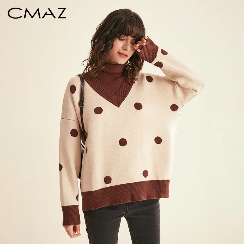 

CMAZ 2019 Autumn Winter Dot Loose Sweater Women 2019 Fashion Oneck Long Sleeve Knitting Pullover Tops MX18D5410