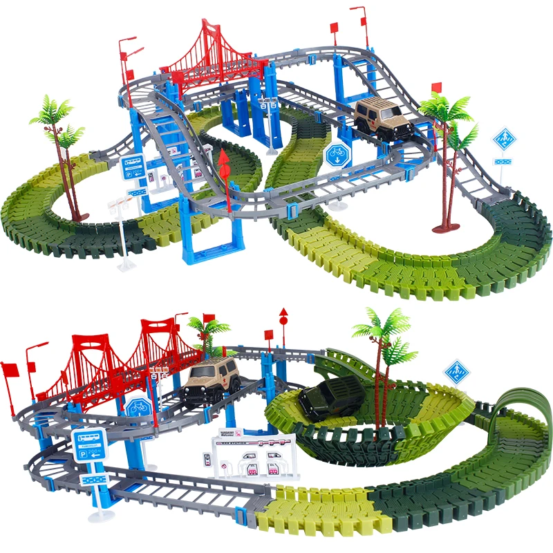 Pista de ferrocarril Flexible brillante para niños, juguete de pista de carreras con luz Flash electrónica, DIY