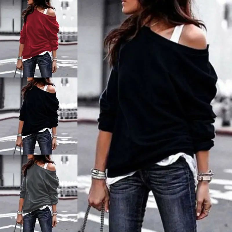 Women High Street Style T-Shirts Full Sleeve Length Regular Clothing Solid Pattern Type Skew Collar Autumn |