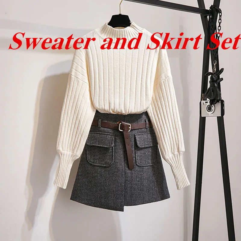 Sweater and Skirt Простая водолазка с рукавами-фонариками, Однотонный свитер и клетчатая твидовая юбка, Женский комплект 2 шт., Осенняя шерстяная юбка с высокой талией - Цвет: Sweater and Skirt