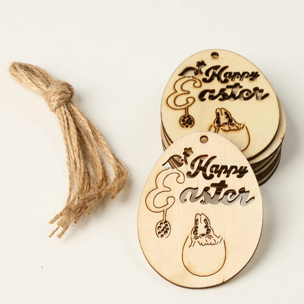 10pcs Creative Carved Easter Eggs Wood DIY Crafts Wooden Hanging Ornament Home Decoration Scrapbooking
