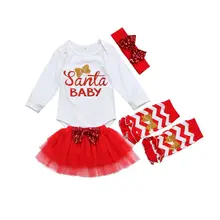 UK/Рождественская одежда на Рождество Одежда для маленьких девочек Комбинезон Санты, фатиновая юбка гетры, комплект одежды из 4 предметов для детей от 0 до 24 месяцев