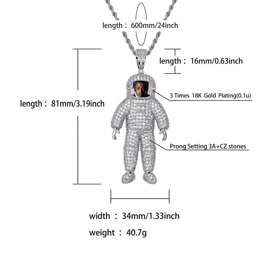 GUCY изготовление на заказ фото астронавты ожерелье и кулон с теннисная Цепочка Золото Серебро Цвет кубический циркониевый мужские хип хоп ювелирные изделия