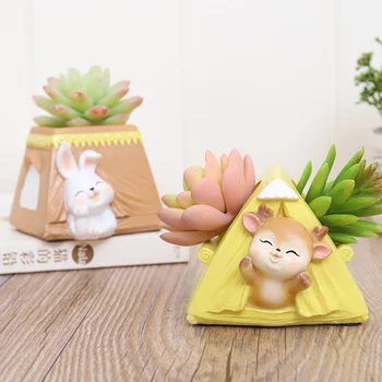 

Cute Animal Tent Succulent Pots with Drainage Resin Mini Flower Pot Garden Plants Vase Home Decor Fleshy Planters Pen Container