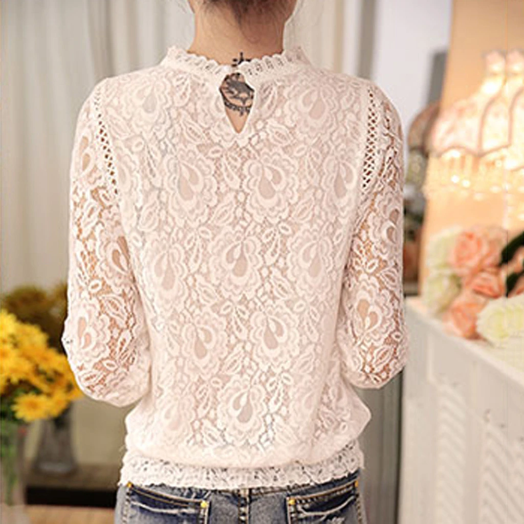 CHAMSGEND Lace Sexy Blouses Women Fashion Crochet Flower Blouses Elegant Loose Long Sleeve Tops Female Ladies 1030
