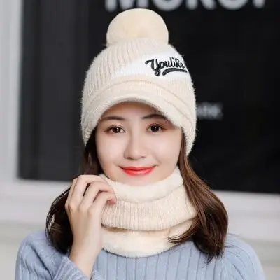 Зимняя шапка Skullies Модный женский теплый шарф из синели Шапки Набор Балаклава маска Gorras с буквенным капюшоном вязаная шапка - Цвет: Beige Hat scarf set