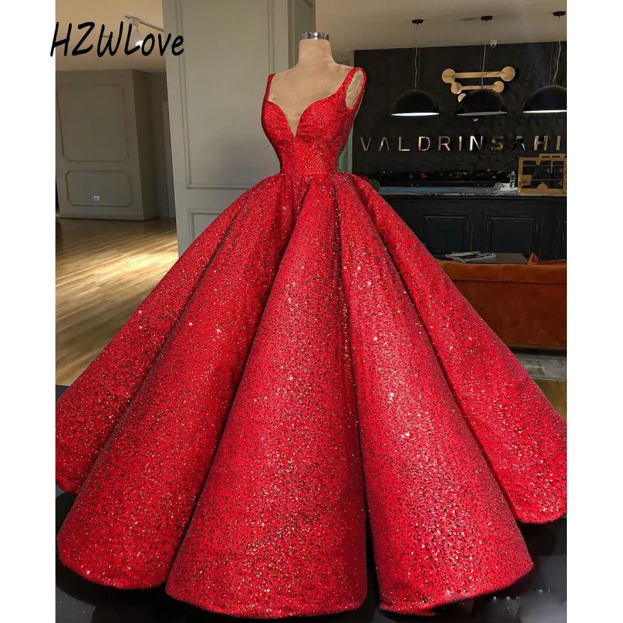 

Shiny Sequined Red Evening Dress Sweetheart Sleeveless Pleats Custom Made Prom Dresses Puffy Ball Gown Party Vestidos