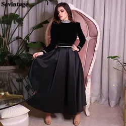 Sevintage Black Velvet Satin Saudi Arabia Midi Prom Dresses Long Sleeves Sequines Formal Evening Dress Dubai Women Party Gowns