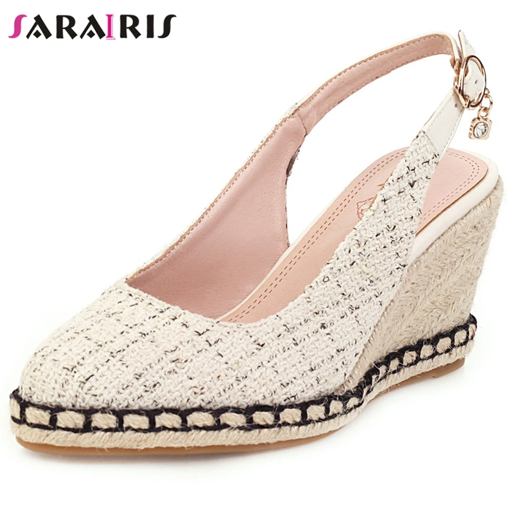 

SARAIRIS New Female Party Elegant Shallow Sandals Comfort High Wedges Sandals Women Brand Design Straw Soles Shoes Woman