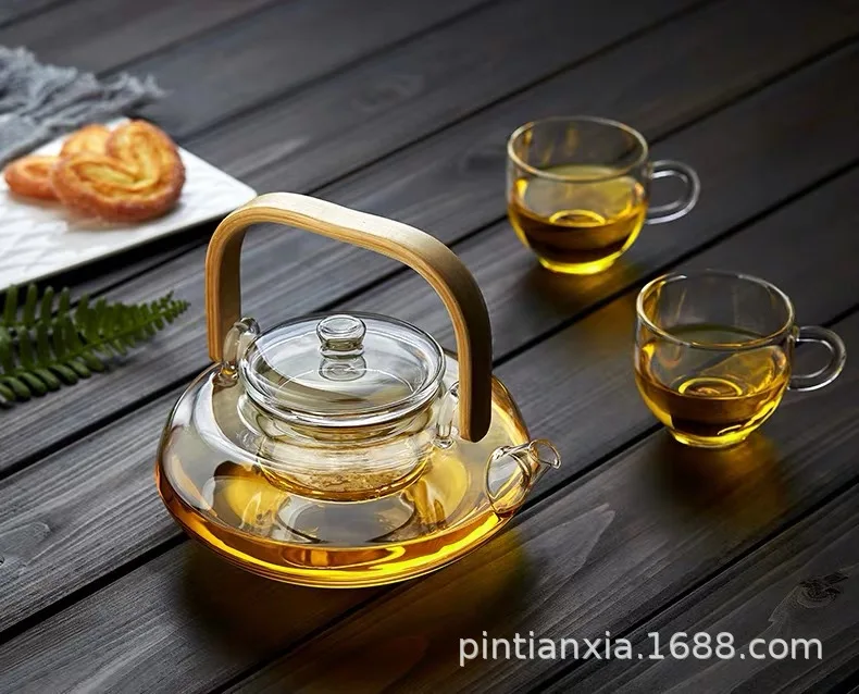 bule de chá de vidro de madeira de bule de chá enrolado mão com revestimento de pode ser aquecido por forno elétrico de cerâmica