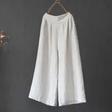 

2021 Cotton Linen Nine Capris Pants Women Elastic Waist Wide Leg Pants Casual Vintage Linen Straight Wide Leg Trousers Plus Size