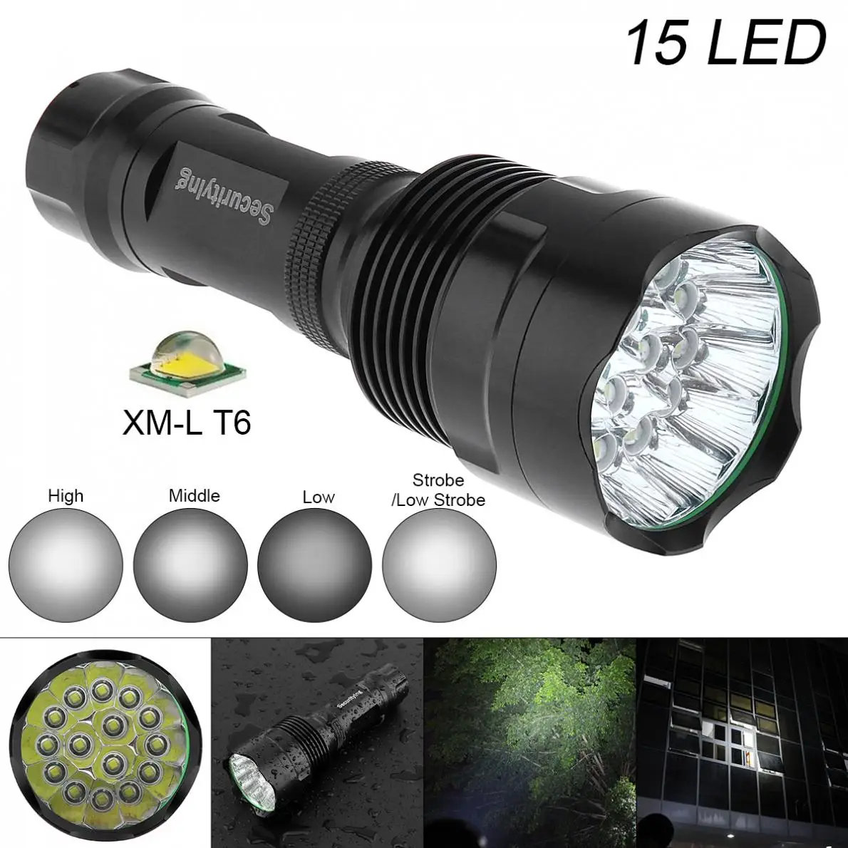 

SecurityIng Waterproof LED Flashlight with 5 Modes Light,Super Bright 15 LEDs Flash Lamp Support 18650 Rechargeable Battery