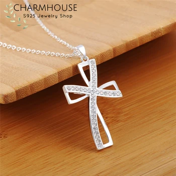 925 Sterling Silver Necklaces For Women Zirconia Cross Pendant & Necklace Chain Collier Femme Wedding Bridal Jewelry Party Gifts