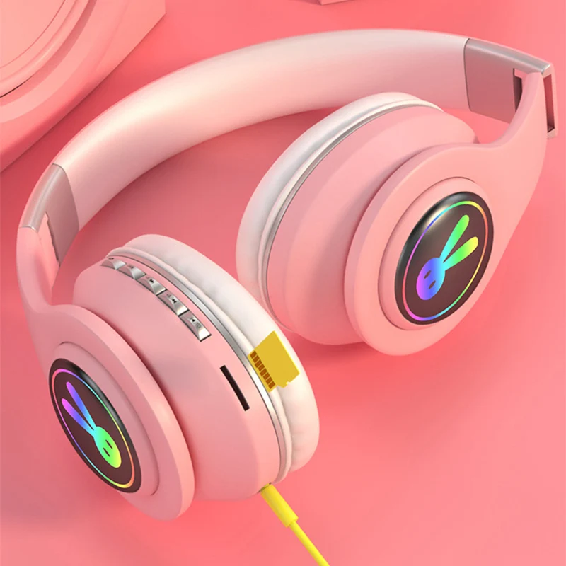 5 0 Bluetooth Headpset Cute Little Rabbit RGB LED Light Girl Kids Stereo Music Wireless Auscultadores with Microphone for xiaomi
