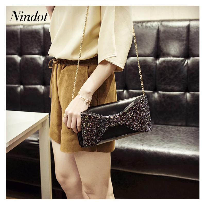 Nindot, женский клатч, модный, с блестками, с бантом, дневной клатч, для вечеринки, конверт, для девушек, на цепочке, сумка через плечо для женщин