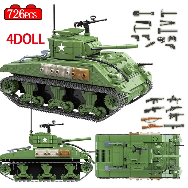  726PCS Military USA Sherman M4A1 Tank Building Blocks legoing Military WW2 Soldier Figures Weapon A
