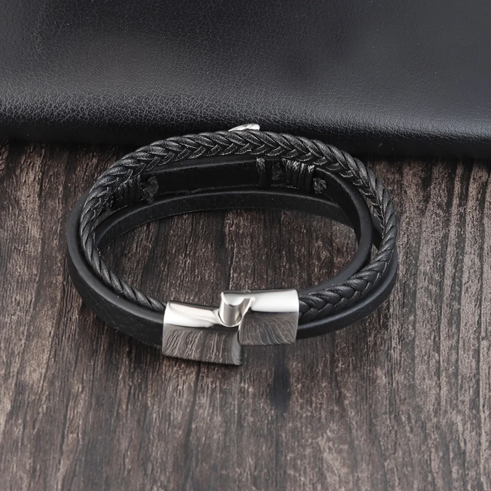 Punk Stainless Steel Anchor Bracelets Genuine Leather Bracelet & Bangles for Men Jewelry Black Color Fashion Gift