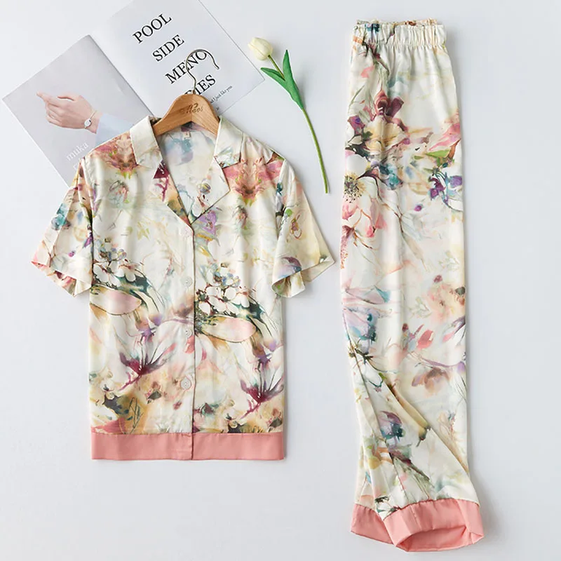 

fashion top women pajamas 2 pieces watercolor print turn-down collar home sleepwear female pajamas sets satin home service