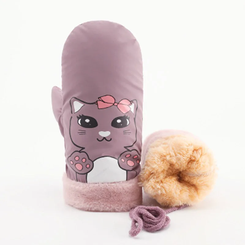 Purple Зимние женские теплые варежки с рисунком милого кота, лыжные перчатки для женщин, Висячие на шее, утепленные ветрозащитные водонепроницаемые перчатки для езды на велосипеде, H28 - Цвет: Purple